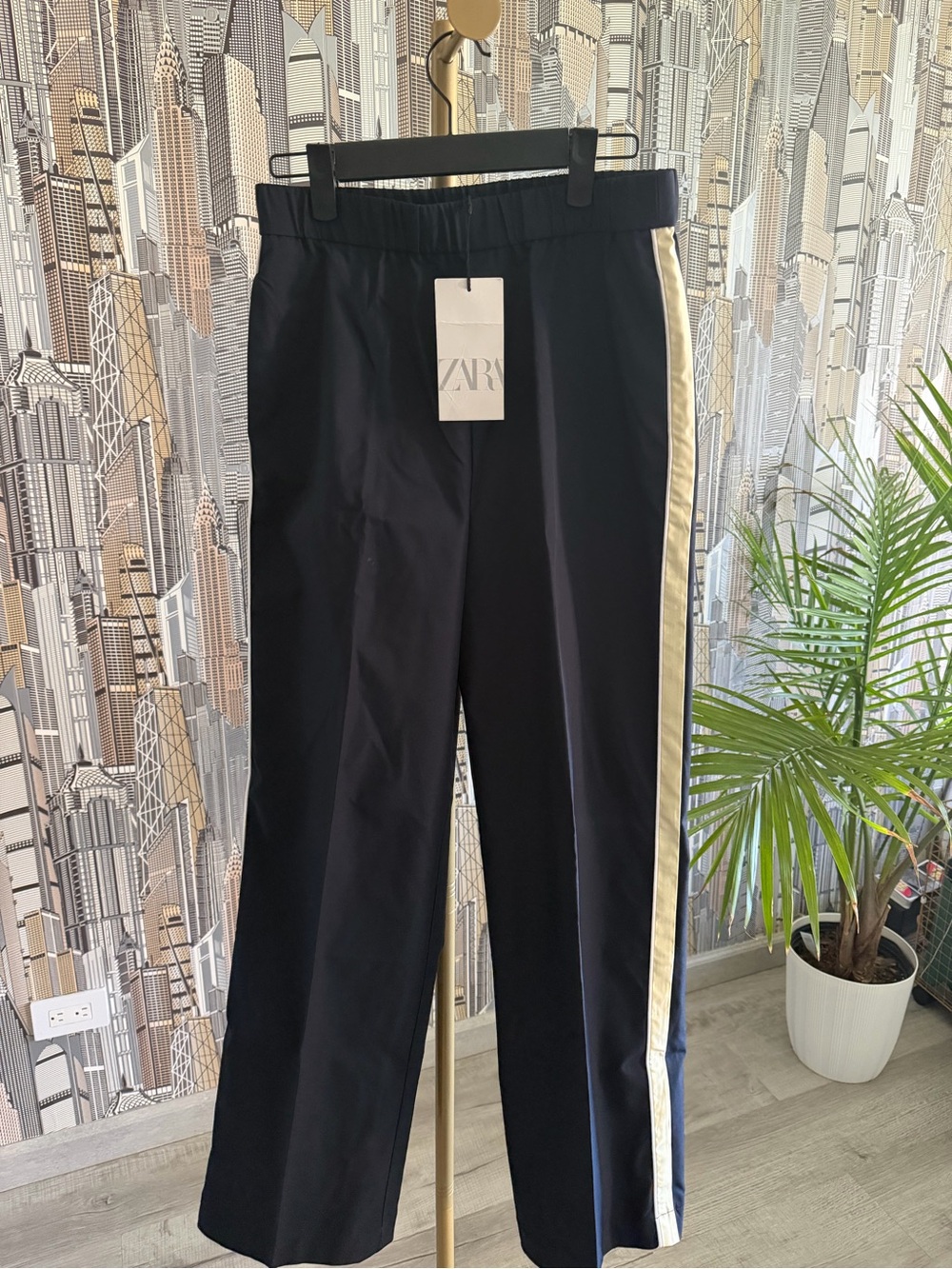 ZARA Black Jogger-Style Pants with Cream Side Stripe